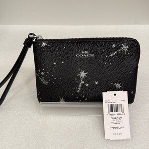 Coach Black Starburst Leather corner zip Wristlet NWT